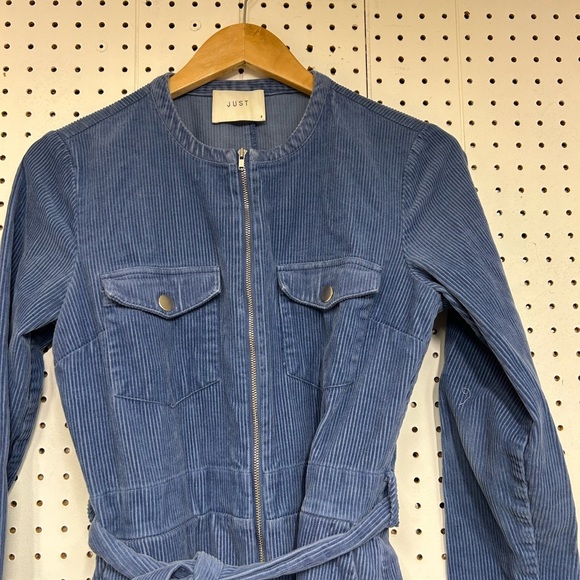 Just Female Harlow Courduroy Blue Jumpsuit with Waist Tie - Picture 5 of 7